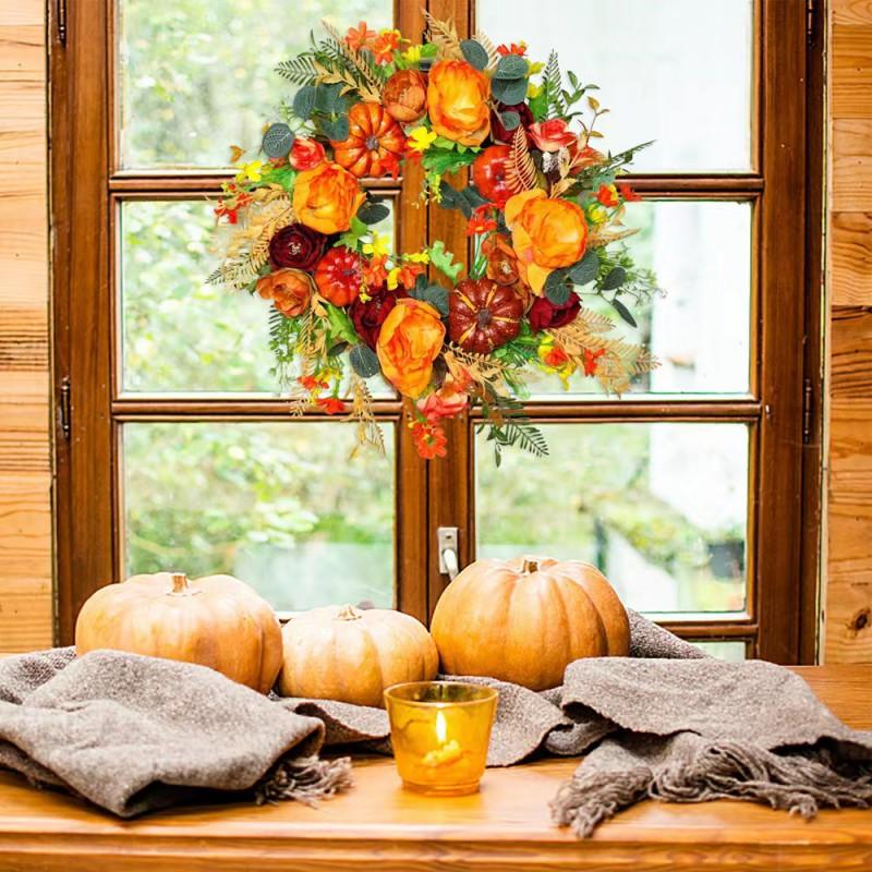 Harvest Wreath Door Hanging Decor With Pumpkin Vine Design Thanksgiving Fall Festival Home Entryway Decoration