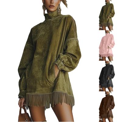Women's Solid Color High Neck Loose Pocket Tassel Long Sleeved Suede Dress