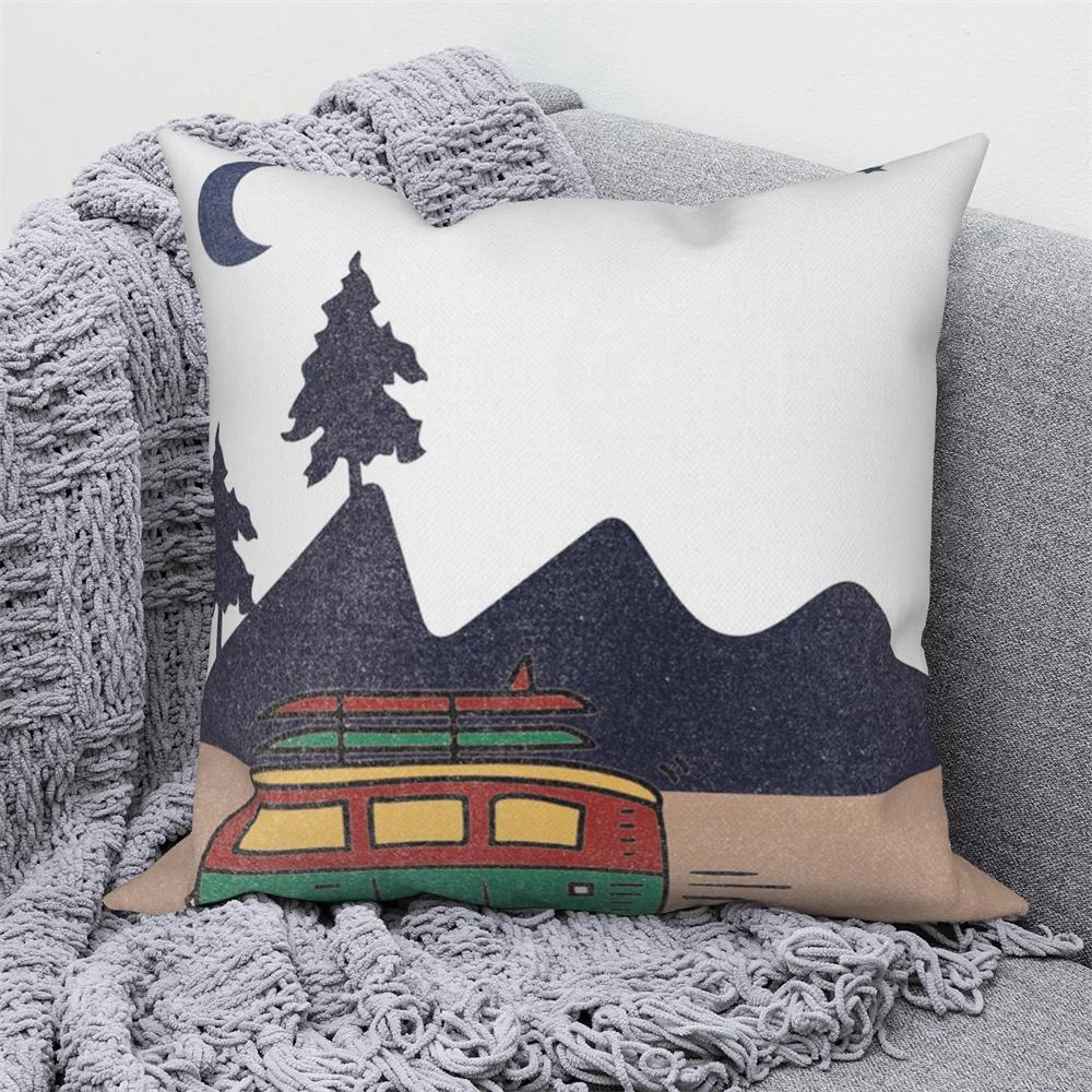 Decorative Cushion Covers Camping Bus Printed Pillow  Home Sofa Throw