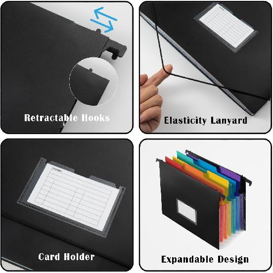 TRANBO 7-Pockets Hanging File Folder with Retractable Hooks for Filing Cabinet, Letter Size Expandable Accordion File Organizer with Elastic Band for
