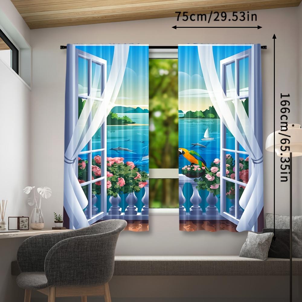 Set Of 2 Coastal Seaside Print Curtains Semi Living Room Bedroom Bathroom Decor Curtain Sheer With Rod Pocket Polyester Ideal For
