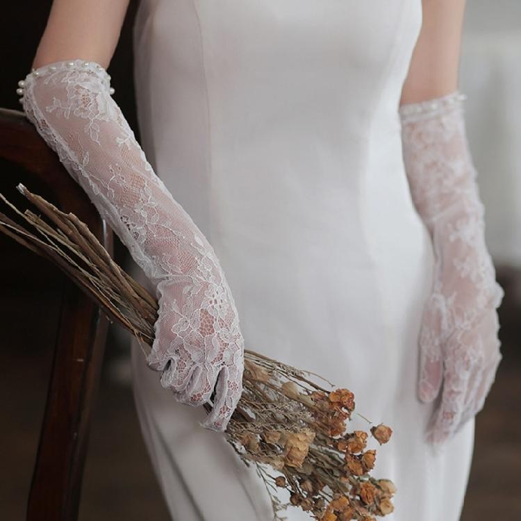 Stylish Lace and Pearls Long Gloves Designed For Ladies Music Festival Outfit Wedding Gown Accessories