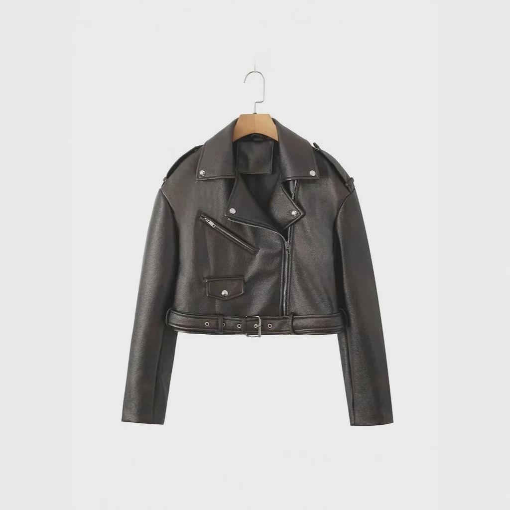 European & American Style Women's Slim Leather Motorcycle Jacket with Lapel Zipper