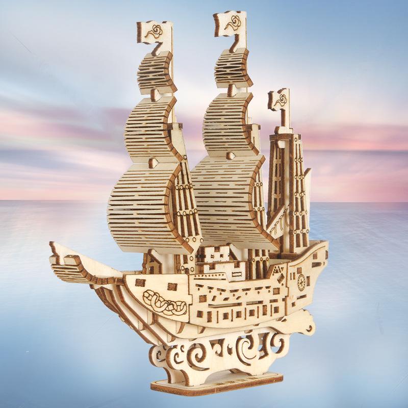 1Pc Wooden Ocean Sailboat Model Three-dimensional Puzzle Children's Toy Tabletop Decoration