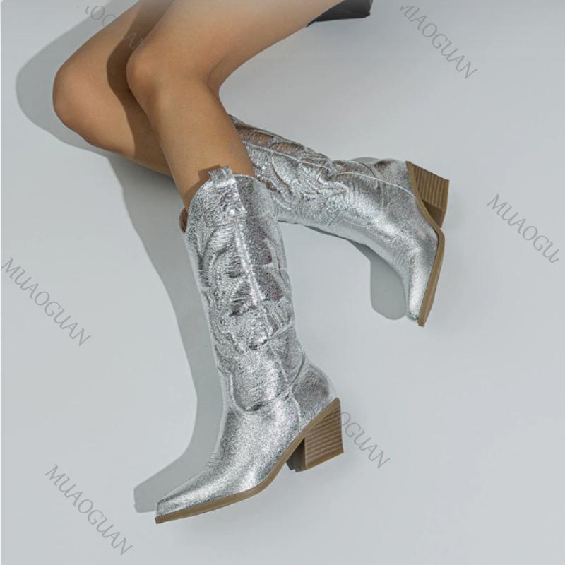 Embroidered Mid-calf Boots Women Pointed Toe Western Cowboy Shoes Fashion Block Heels Booties Plus Size 35-43 Ladies Footwear