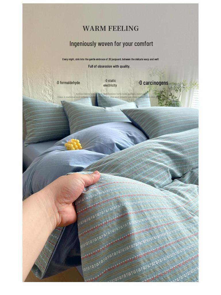 G5Z Cotton Yarn-Dyed Stripe Duvet Cover Set - 4 Pieces, All-Season Bedding for Dorms