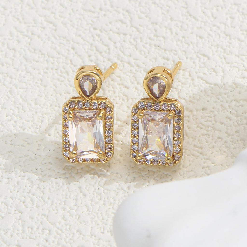 LNCHRAN Copper Cubic Zirconia Paved Rectangular Pendant Stud Earrings for Women - Elegant Golden Design