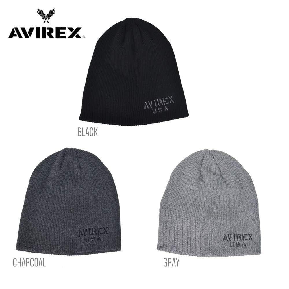AVIREX Knit Cap Beanie Dark Ribbed with Embroidered (D-Type, Charcoal, Logo)