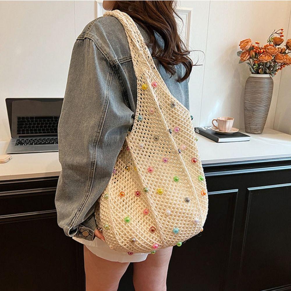 Casual Boho Crochet Beach Tote Bag Hollow with Colored Beads Knitted Bag Handmade Large Capacity Tote Bag