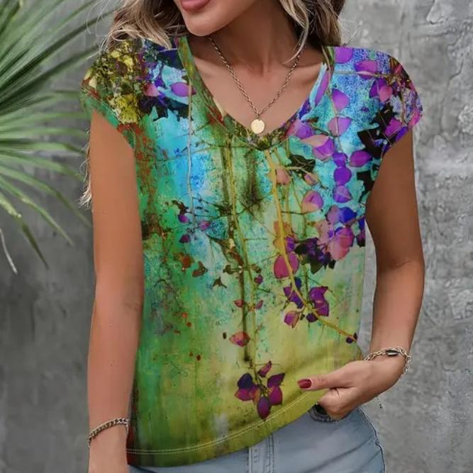 

винтажная женская футболка с цветочным принтом, с коротким рукавом, с V-образным вырезом, топы, удобные футболки S