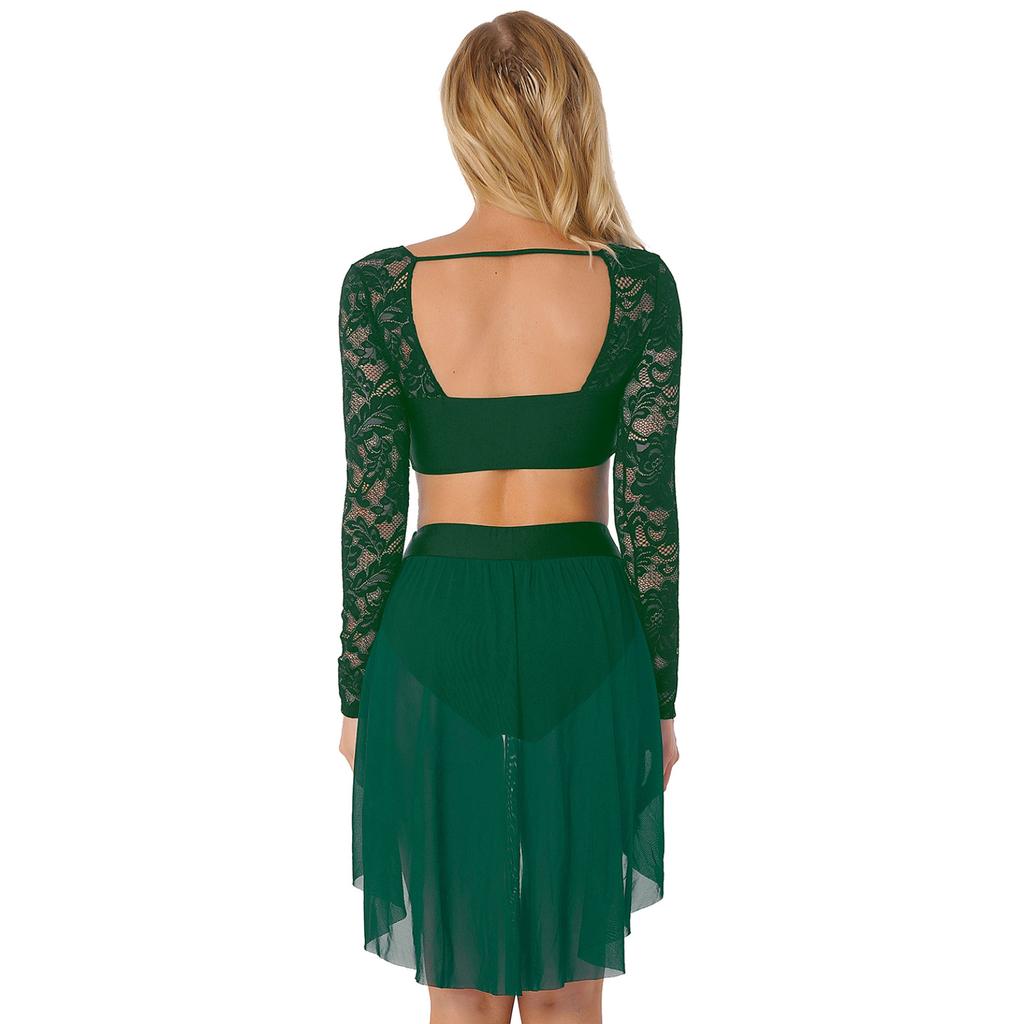 Women Lyrical Dance Costume Lace Sleeves Crop Top Chiffon Flowy Skirted Leotard Two Piece Outfit