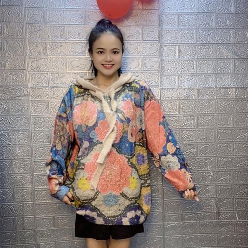 Retro Rhinestone Mink Velvet Hooded Sweater: Women's Loose Long Sleeve Knit Top, 2025 Edition