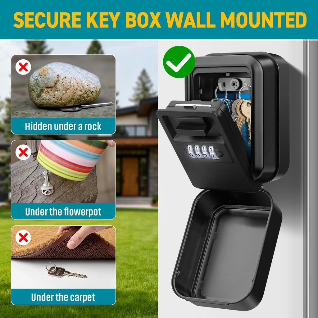 Key Lock Box, Waterproof Wall Mount Lock Box for Keys with Code, 4 Digit Combination Lockbox Resettable Code Security Safe Key Storage Box for Home
