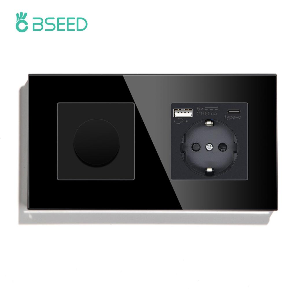 BSEED Mechanical Dimmer Fan Switch With 1/2/3Gang Wall Light Switches EU Socket USB Type-c Power Ports  2.1A Glass Panel