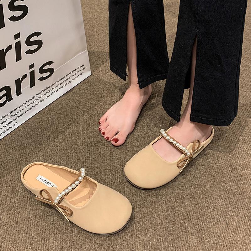 

Модные мюли с жемчужными бусинами и бантом, женские туфли-лодочки с закрытым круглым носком, тапочки без задника, шлепанцы для лодки, женские повседневные шлепанцы, плоские сандалии 35 абрикосовый
