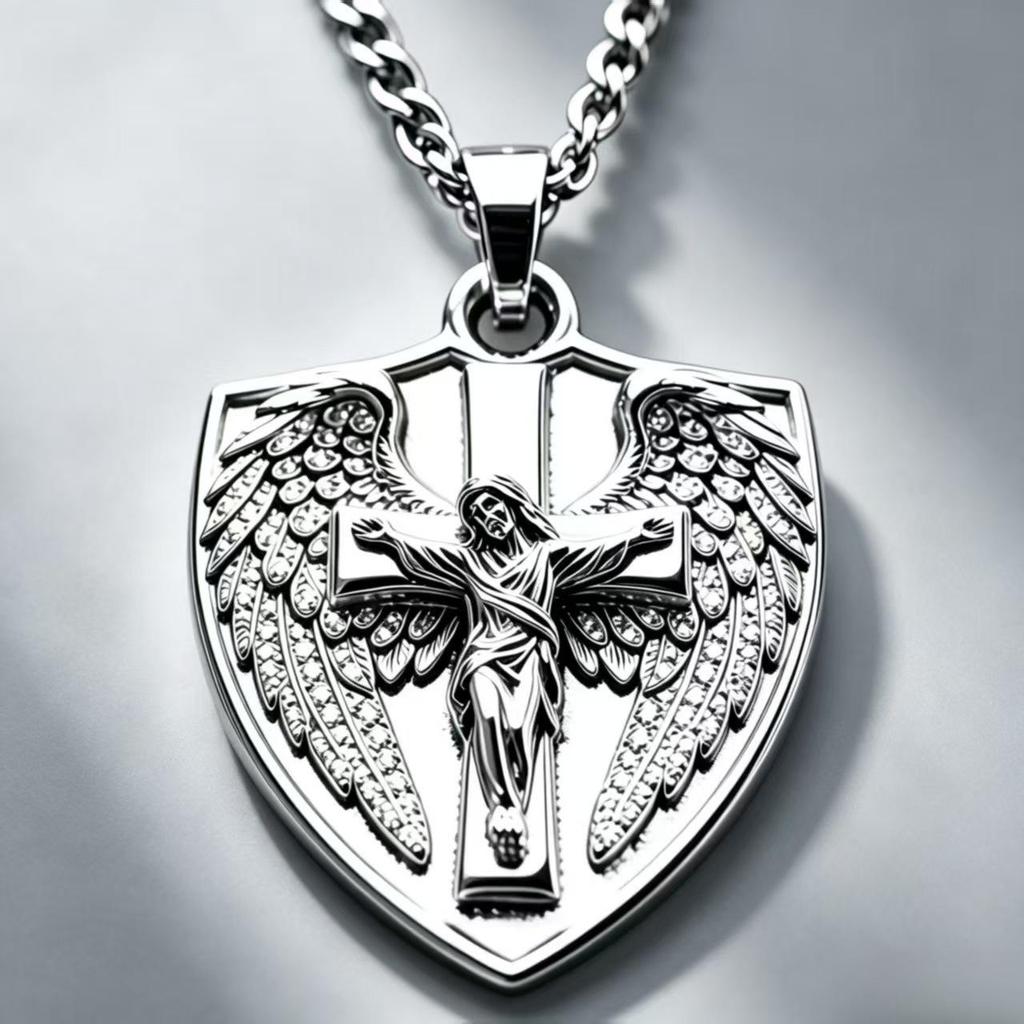 European & American Rhinestone Angel Wing Shield Pendant Hip Hop Necklace Jewelry