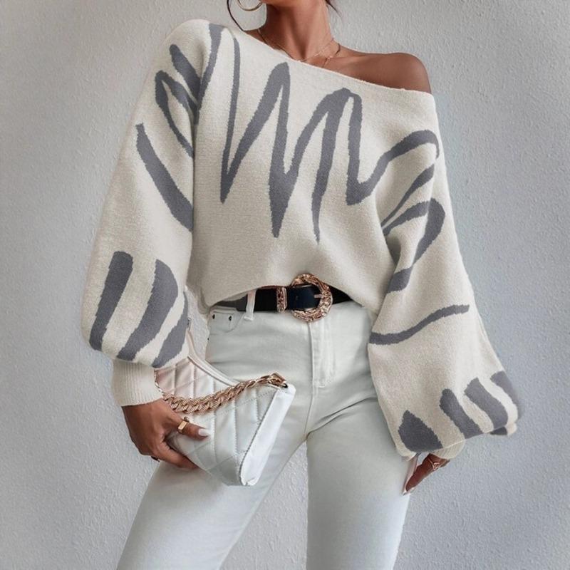 Women S Casual Geometric Pattern Pullover Sweater Long Sleeve Loose Fit