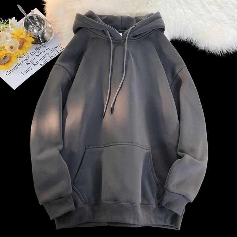 Unisex Oversized Hooded Sweatshirt Solid Color Warm Fleece Lined Casual Pullover Winter