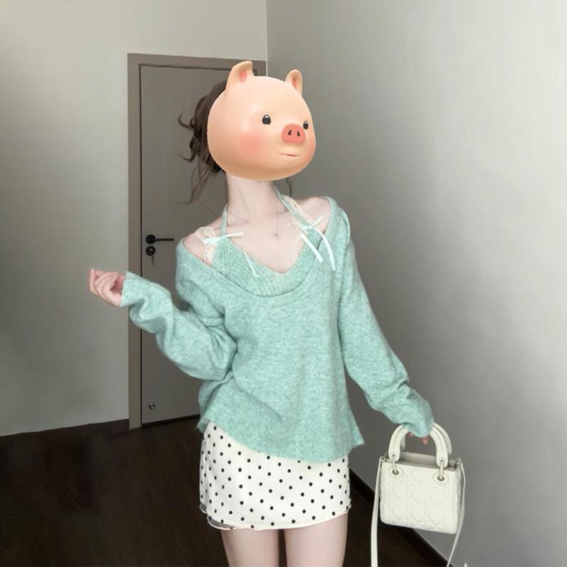 

Женский зеленый свитер-халтер, комплект из двух предметов - Французский трикотаж, весенний наряд S (75-95 lbs)