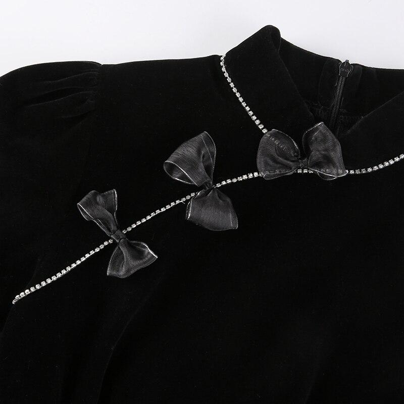 Cheongsam Darlingaga Vintage Elegante Gothic Dark Bow Velour Schwarzes Kleid Herbst Winter Chinesischer Stil Plissee Kleider Party Diamanten Kleidung