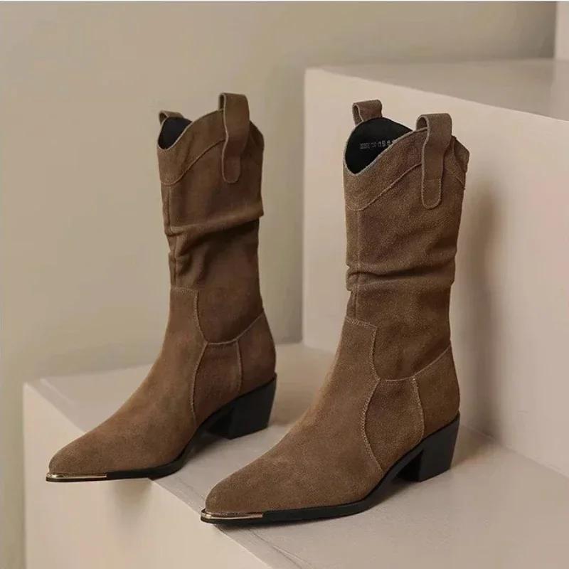 Dames Plissé Hoge Hakken Laarzen Puntige Neus Denim Enkellaarsjes voor Dames Herfst Winter Mode Retro Westerse Cowgirl Botas