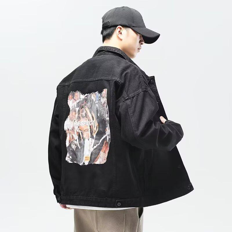 Men's Japanese Retro Denim Jacket - Turn-Down Collar, Loose Fit, American Street Style, Spring/Autumn Casual Workwear