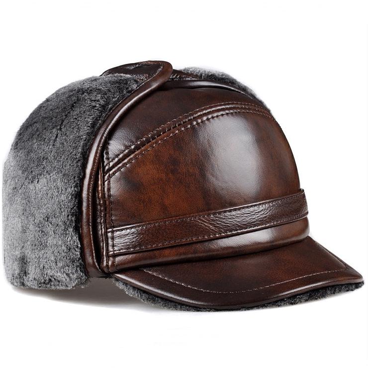 Ανδρικό Χειμερινό Καπέλο από Γνήσιο Δέρμα με Προστασία για τα Αυτιά και Βελούδινη Επένδυση για Ηλικιωμένους