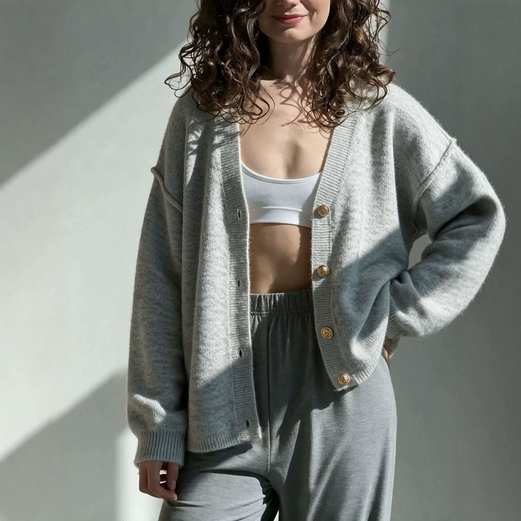 Women S V Neck Long Sleeve Buttoned Knit Cardigan Lazy Casual Loose Sweater
