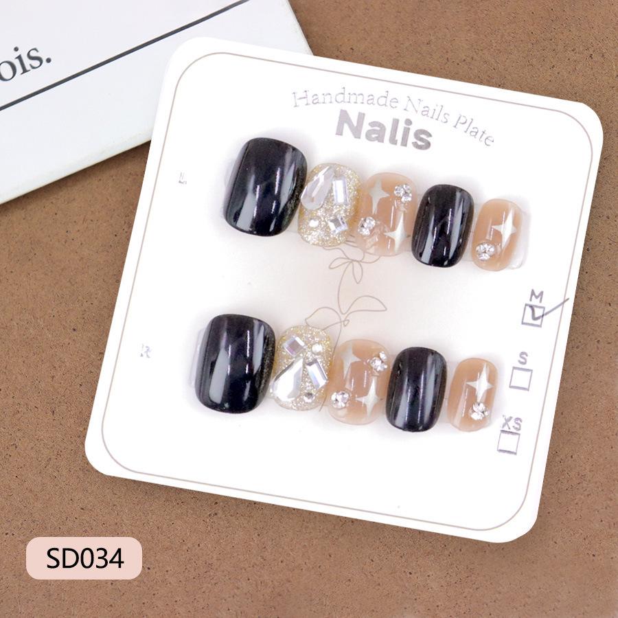 European & American Rhinestone Glitter Star Black Press-On Nails: Sweet & Cool Style for Teens - 10 Pieces, Multiple Sizes. XS Super Sparkly Glitter