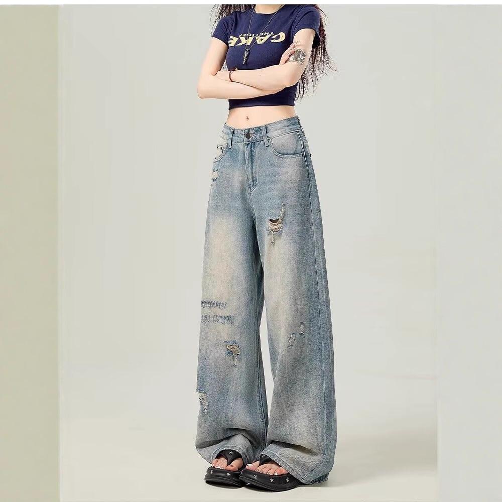Light Blue High-Waist Distressed Wide-Leg Jeans for Women