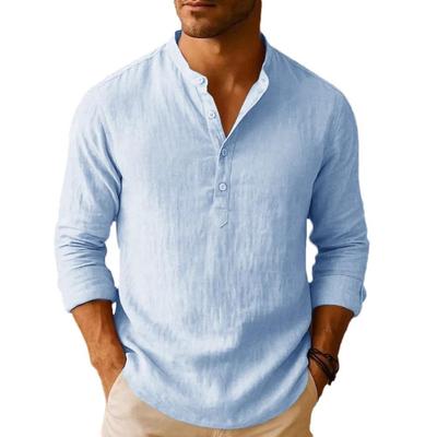 Camicia Henley Estiva Leggera in Misto Lino da Uomo - Traspirante a Manica Lunga Casual Monocolore con Bottoni