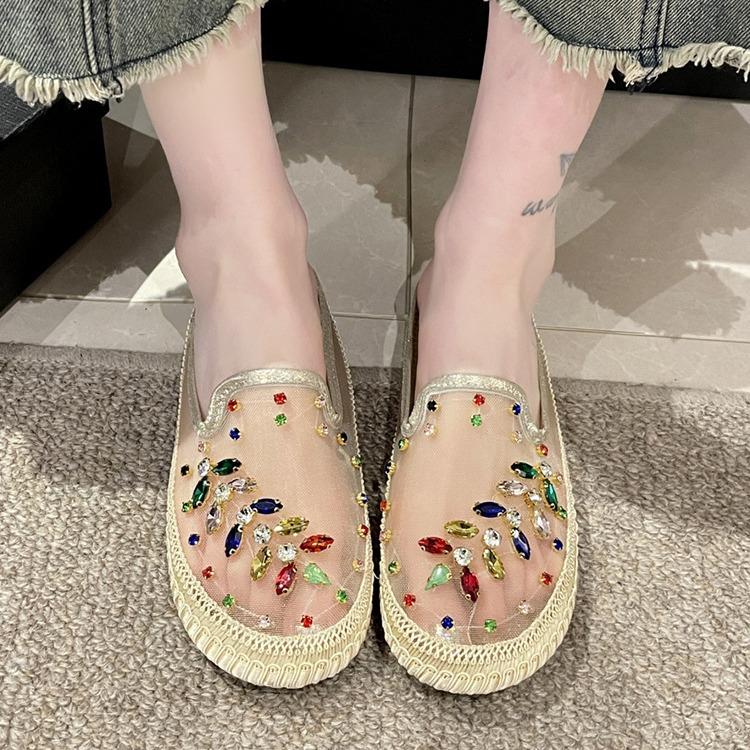 Mesh Bag Head Flat Bottom Sandals Women Wear New Colored Diamonds Embroidery Without Heel Lazy Half Drag Fisherman Shoes In Summer