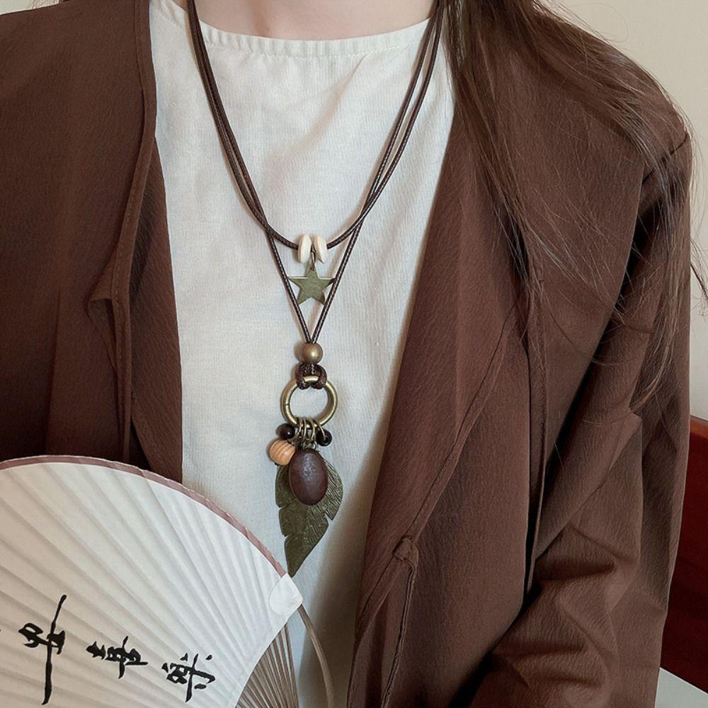 Wood Bohemian Style Choker Geometric Long Sweater Chain Exquisite Ethnic Style Necklace  Decoration