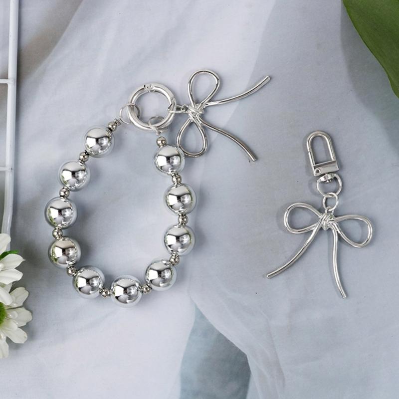 Delicate Keychain with Beaded Bowknot Phone Charm Unique Keyring Bag Pendant for Car Key Wallet Backpack Purse