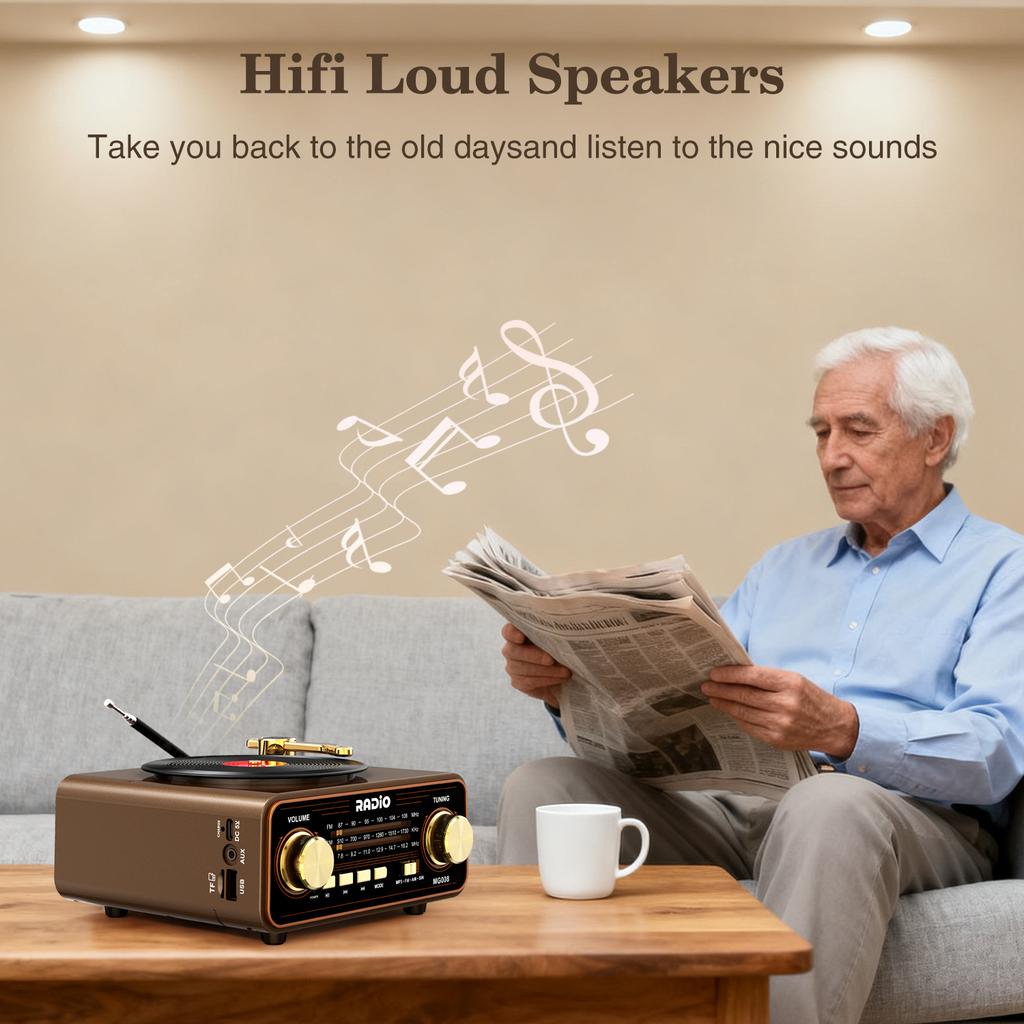 Retro Bluetooth Speaker Vinyl Player Style Radio, Portable FM/AM/SW & Wireless Streaming, Unique Vintage Decor for Home & Gift Idea