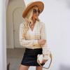 Women's Short Knitted Cardigan Autumn Winter Houndstooth Jacquard Loose V-neck Lantern Sleeve Knitted Sweater Coats for Women