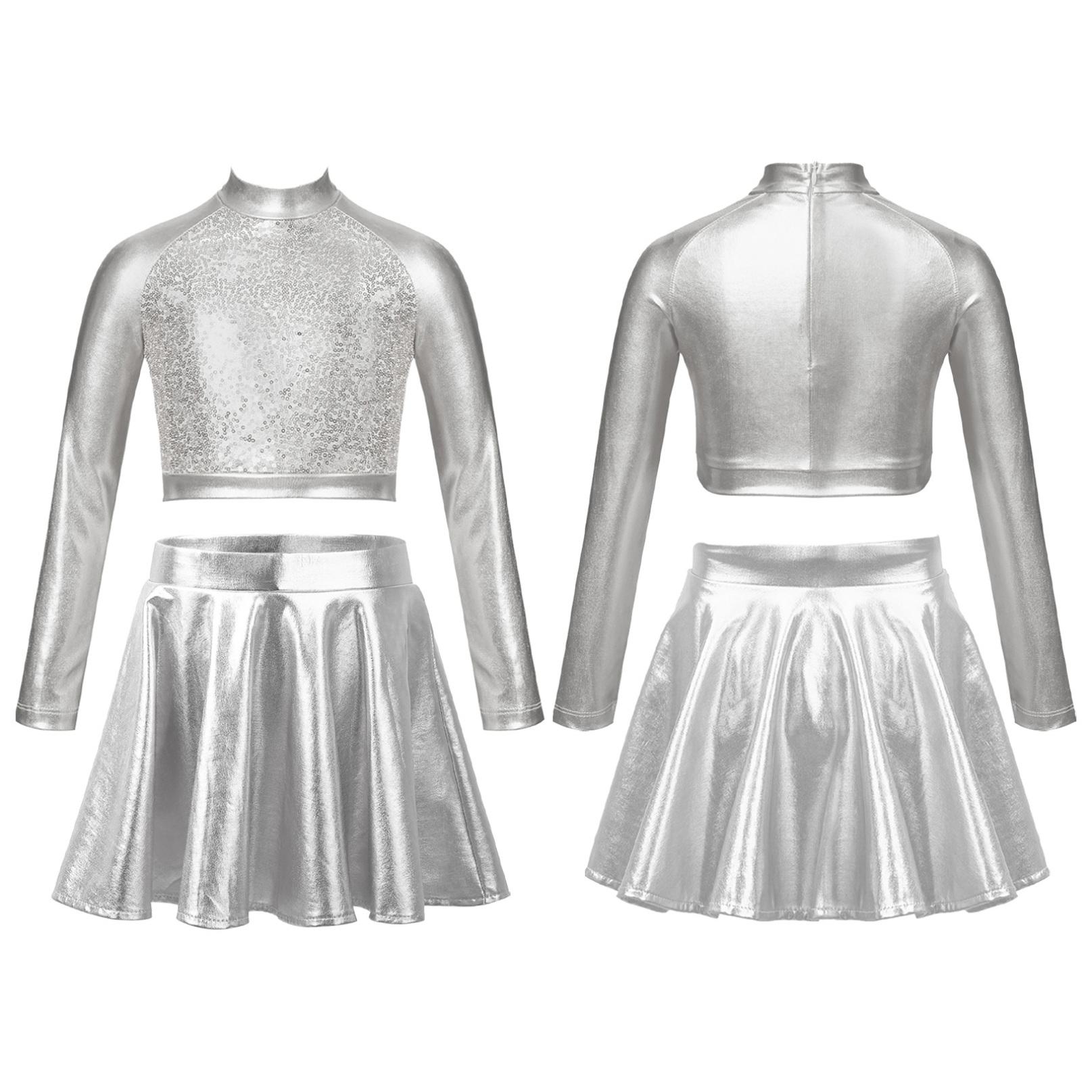 

Дитячий металевий кроп-топ з паєтками та плісированою спідницею для танцювальних виступів для черлідінгу 9-10 Years срібний