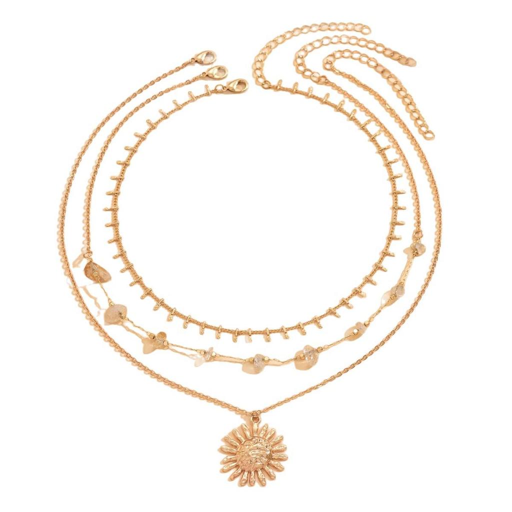 Elegant Sun Pendant Necklace - Layered Handmade Gravel Chain Style