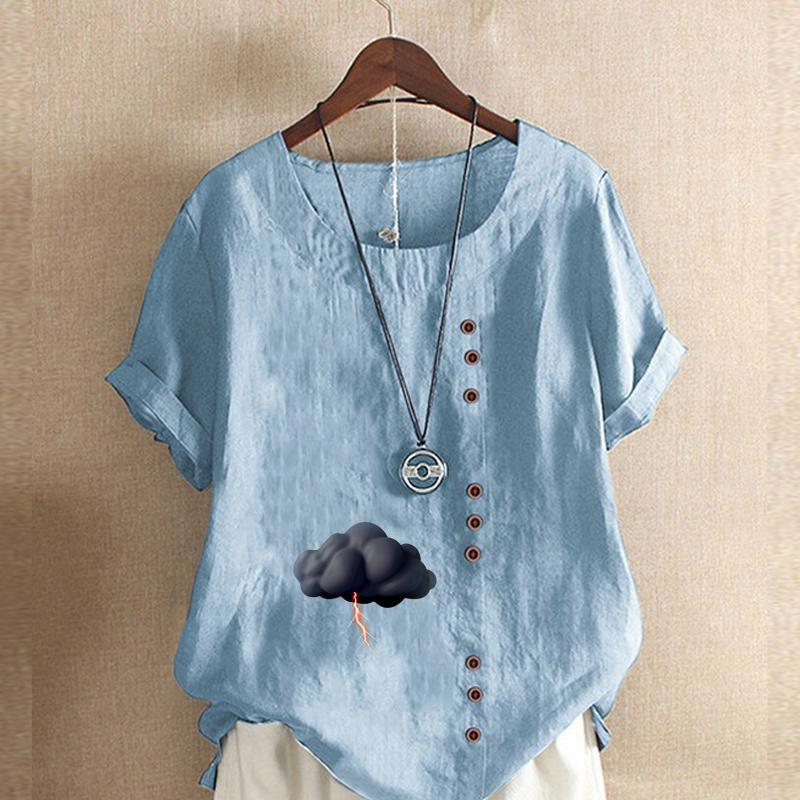 Women's Fashion Round Neck Short Sleeve T-shirt Casual Cotton Linen Graphic Shirt Leisure Loose Dark Clouds Prined Summer Blouse Tops