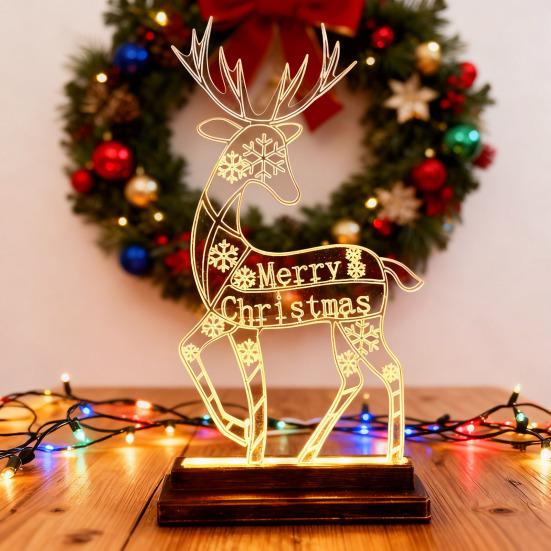 Metal Lighted Christmas Deer Decoration Light Up Reindeer Figurine with Wooden Base for Indoor Outdoor Home Yard Tabletop Decor