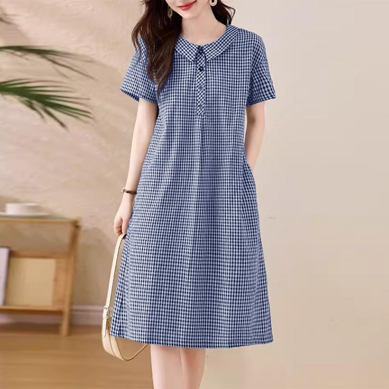 ZANZEA Women Casual Doll Collar Summer Short Sleeve Grid Print Dress