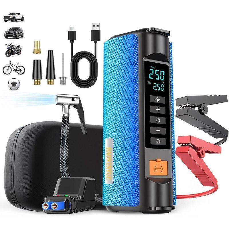 2500A Jump Starter with Air Compressor, 12V Car Jumper Cable Kit, 150PSI Portable Tire Inflator, Multi-Function LED Light