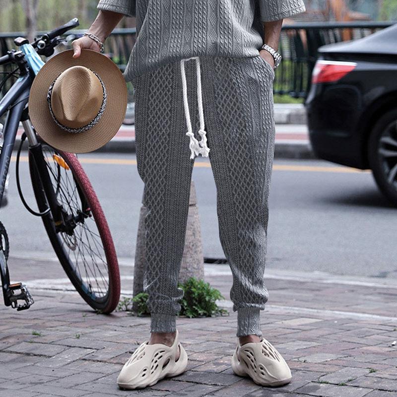 Mens Casual Solid Color Cable Knit Drawstring Waist Jogger Pants
