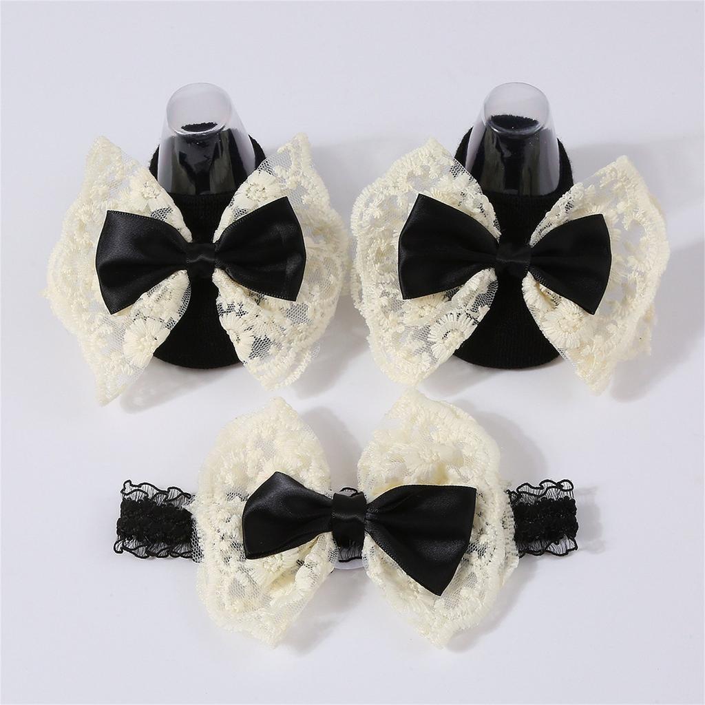 Baby Knitted Breathable Lace Bow Floor Socks + Hairband Color Matching Set