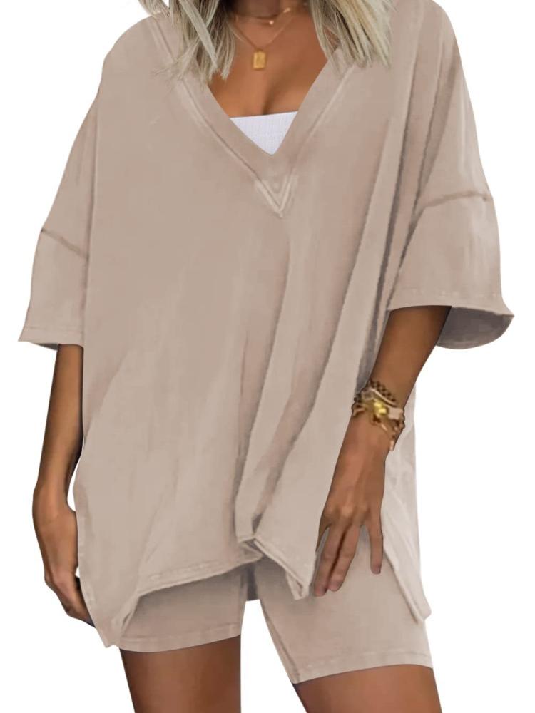 

Женский комплект с V-образным вырезом, топ свободного кроя с короткими рукавами и подходящие шорты, 6 вариантов цвета S хаки