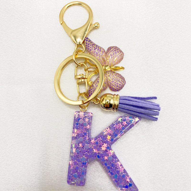 26-Letter Alphabet Resin Keychain with Star Sequins & Tassel Charm