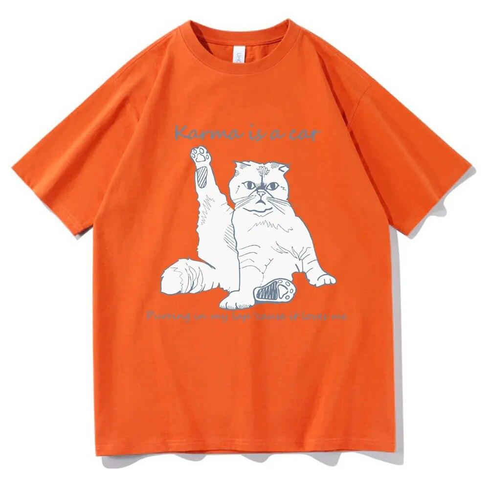 Karma Is A Cat T-skjorte med grafisk trykk Unisex kvinner Uformell Søte T-skjorter i bomull Overdimensjonerte par Kortermet Streetwear-gaver