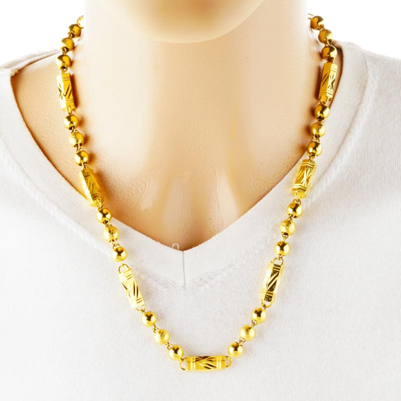 Vietnamese Sand Gold Necklace for Men, Hexagonal Buddhist Beads Solid Chain, Long-lasting Colorfast Gold and Copper Accessories