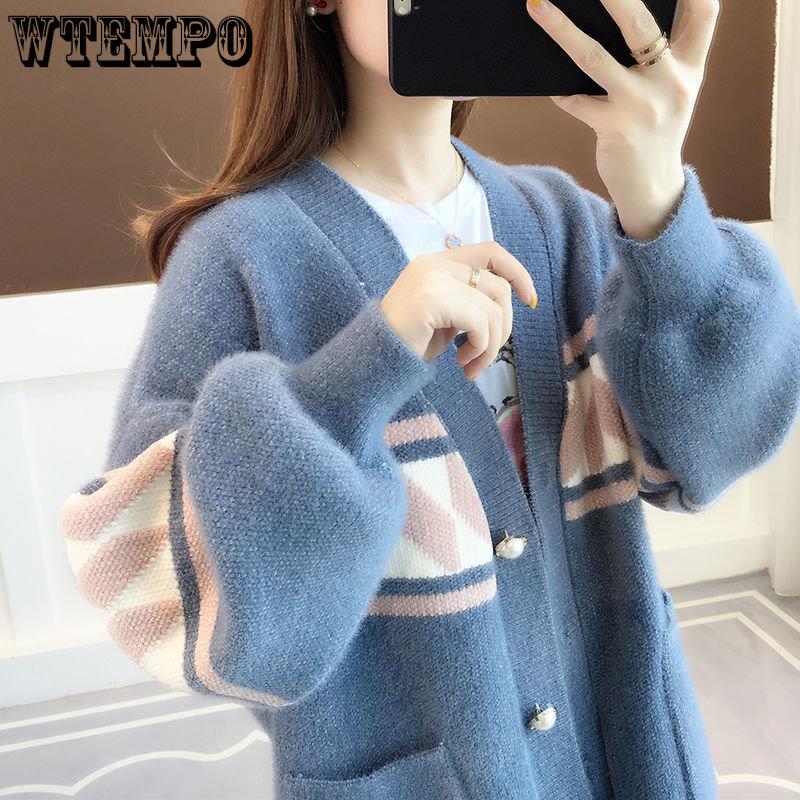 Autumn Winter Knitted Leopard Sweaters Women Korean V Neck Thick Print Cardigan Coat Loose Button Outwear