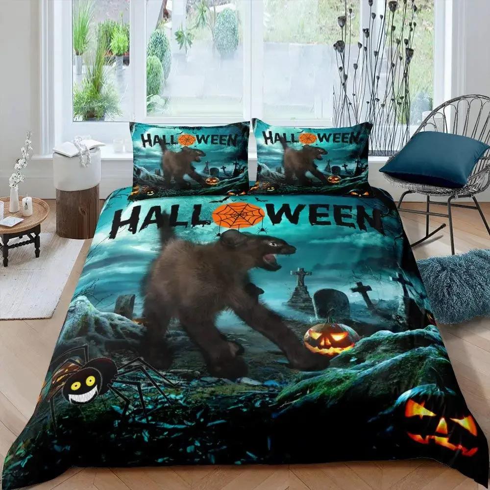 Halloween Tree Bedding Set Queen King Horror Theme Comforter Cover Gothic Spooky Twin Full Duvet Cover Branches Grey Quilt Cover